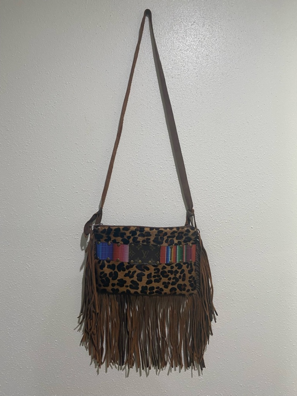Upcycled LV leopard print on calf hair leather fringe bag - Picture 3 of 8